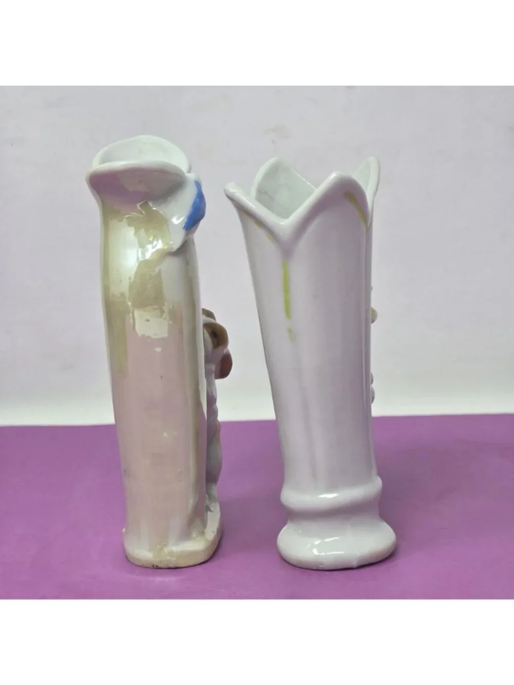 Vintage Hand-Painted Ceramic Bud‎ Vases With Boy & Dog Designs Tall Set Of 2